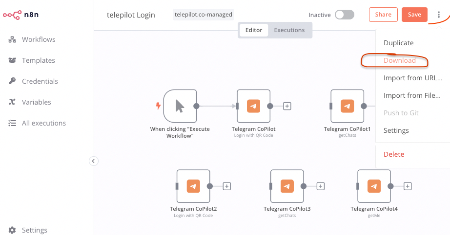 Download n8n workflow as file