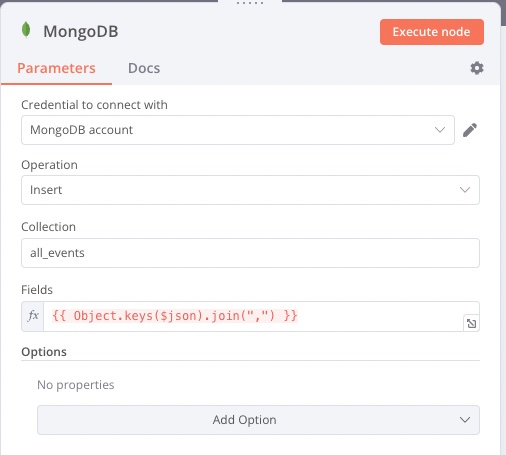 Configuration of MongoDB Insert node to save all keys